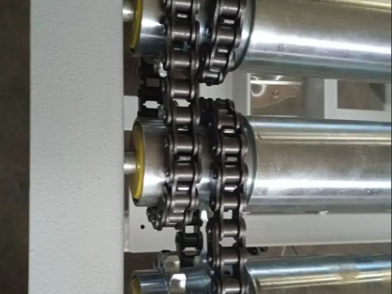 Technical close-up view of sprocket-driven conveyor rollers and drive chains