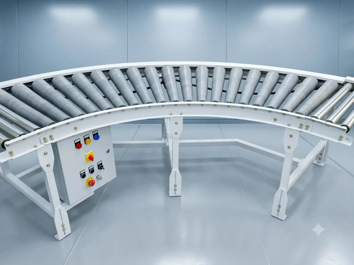 conveyor curve animation, 90° directional transfer visualization, warehouse routing graphics, curved roller movement, packaging conveyor layouts