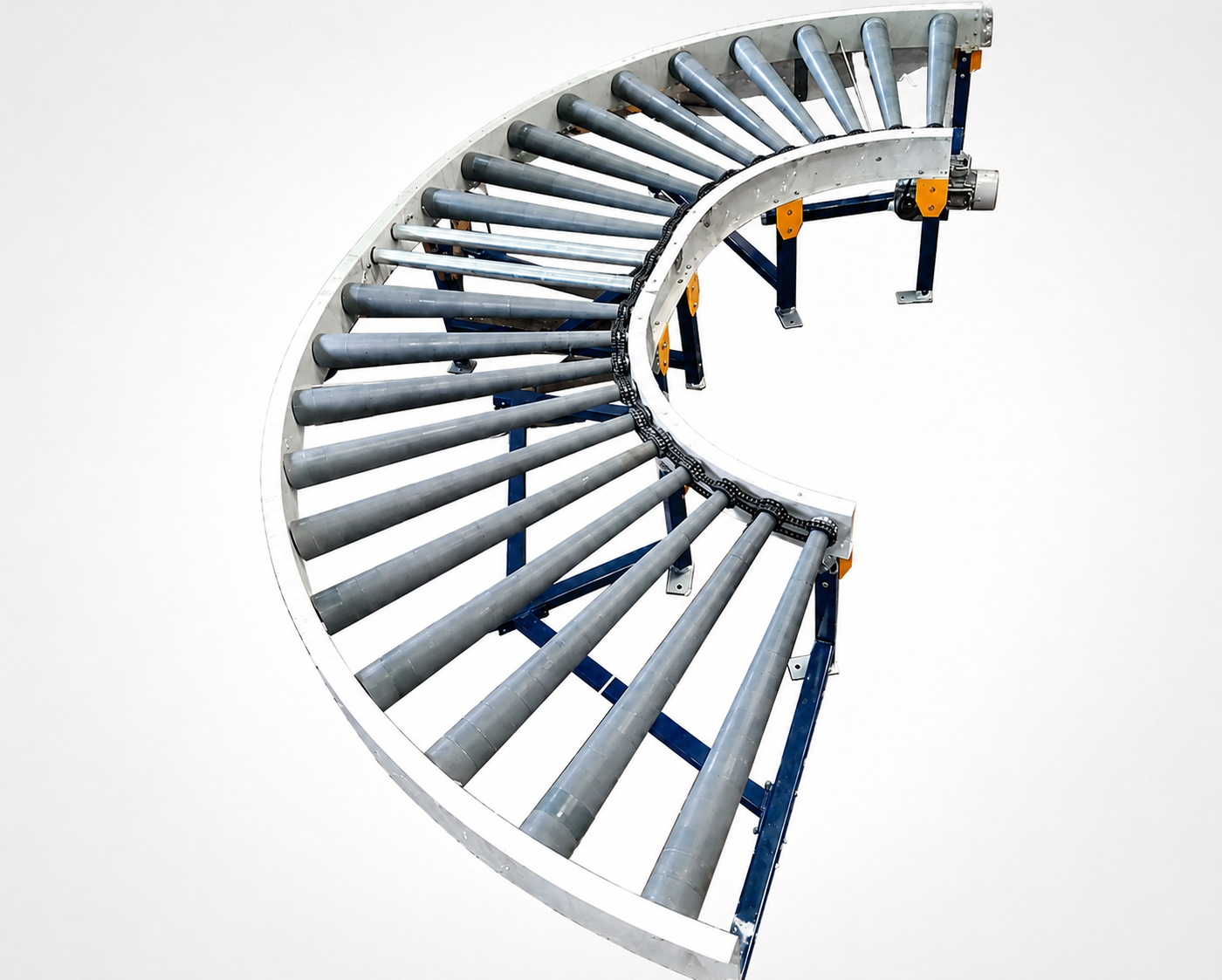 90° conveyor curve, curved carton conveyor, roller curve section, warehouse conveyor routing, packaging line turns