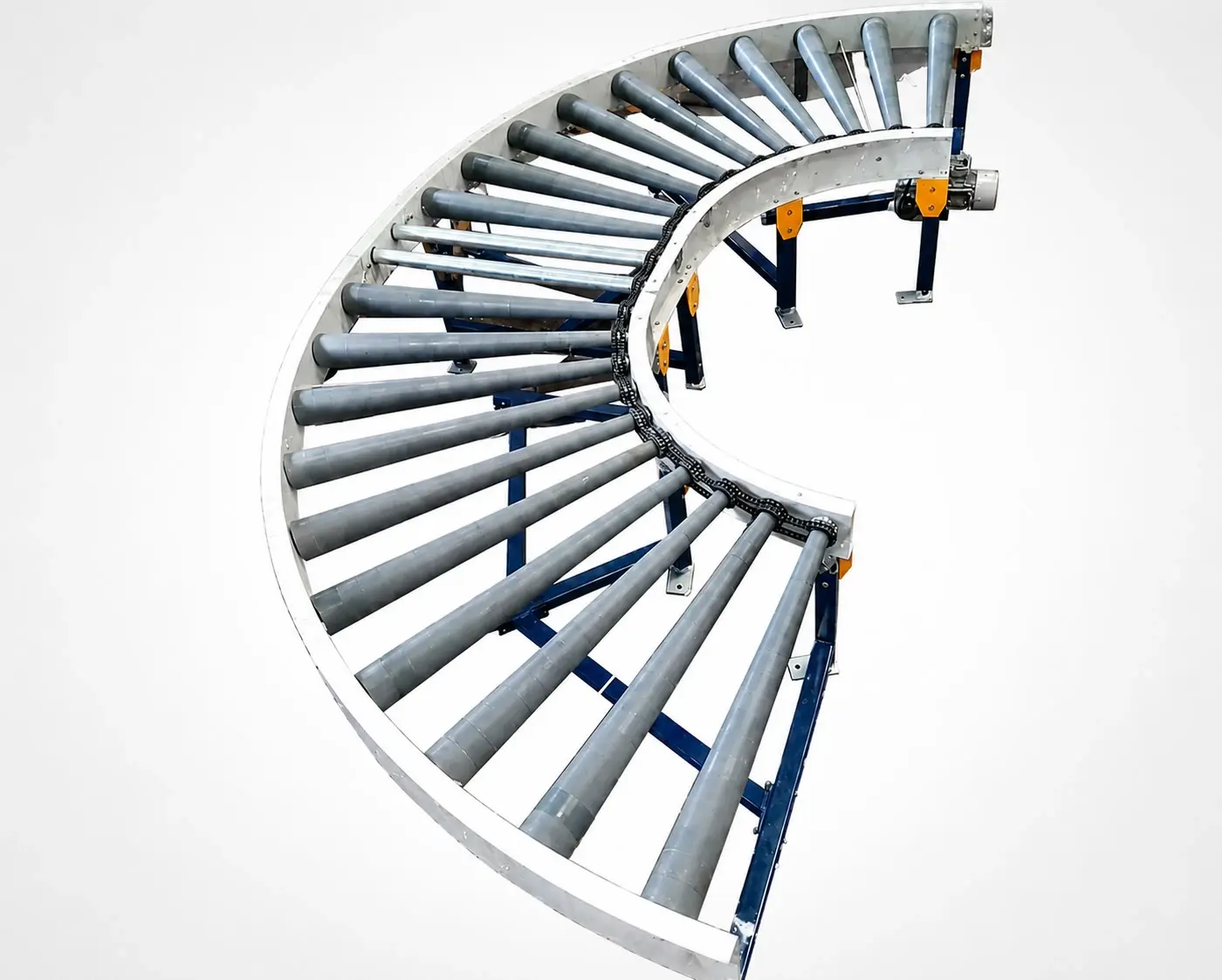 90° conveyor curve, curved carton conveyor, roller curve section, warehouse conveyor routing, packaging line turns