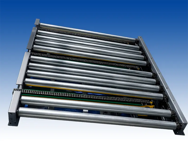 Automated 90-degree pop-up chain cross transfer conveyor sorting heavy industrial pallets