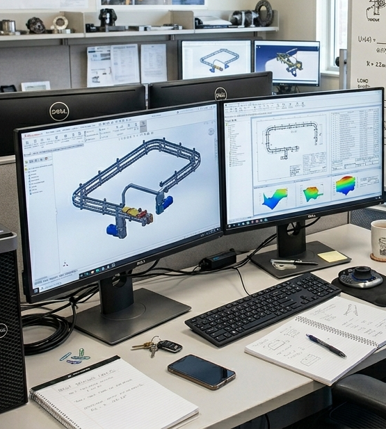 Conveyor engineering diagrams and CAD workstation